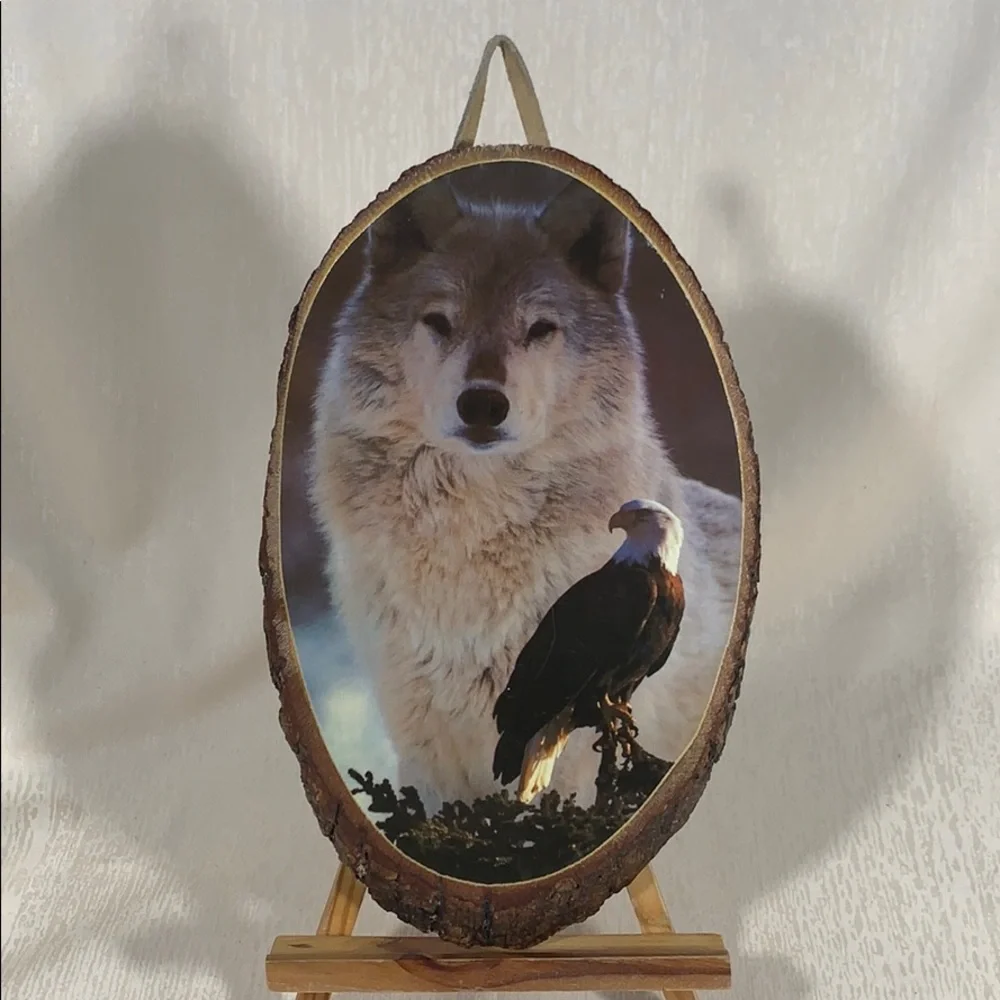 Vintage Wooden Eagle & Wolf Wall Plaque